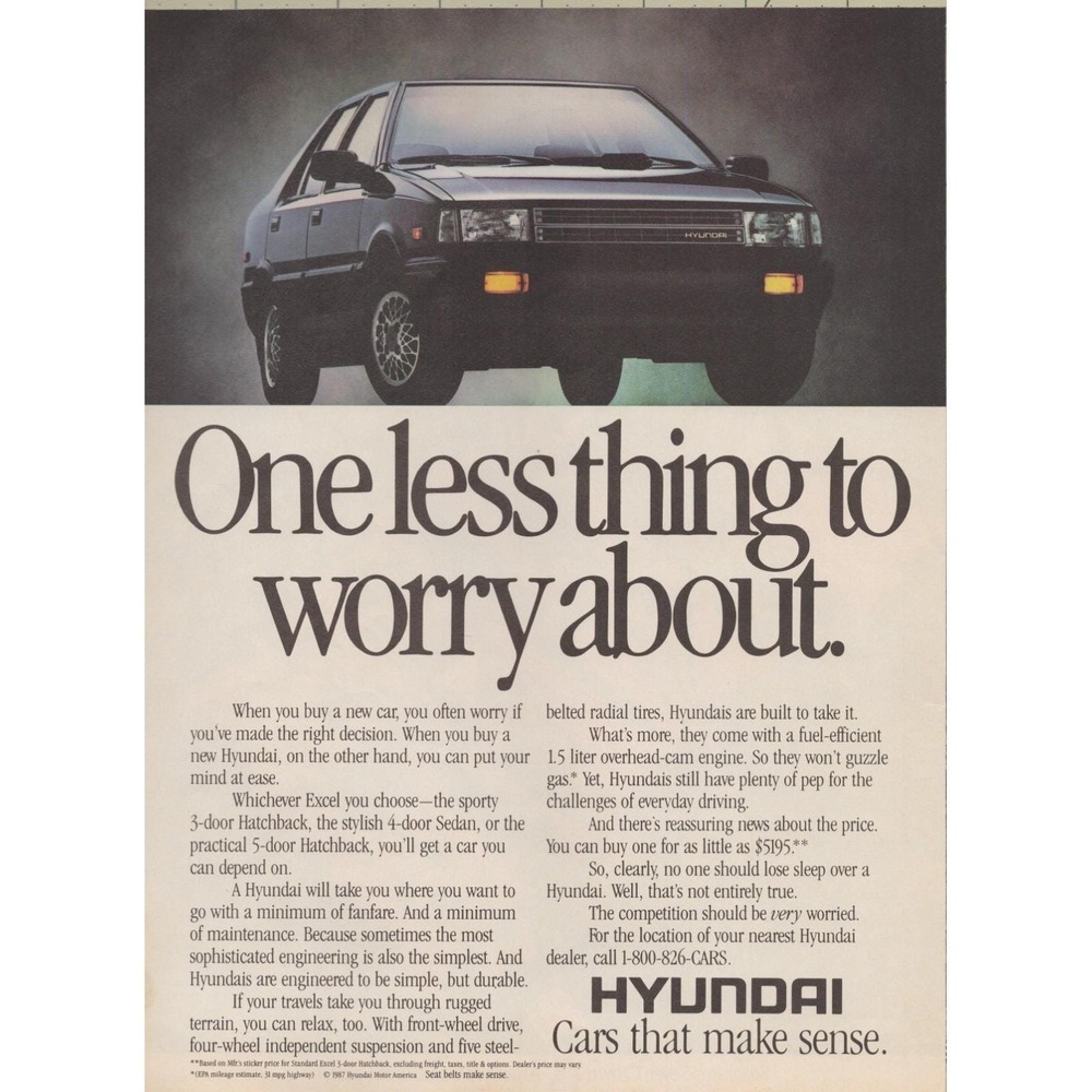 1987 Hyundai Excel Hatchback Sedan Vintage Print Ad Retro Car Advertising Korean
